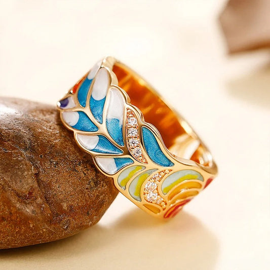 Vintage Gold Colorful Enamel Leaf Ring-Maryam Jewelry