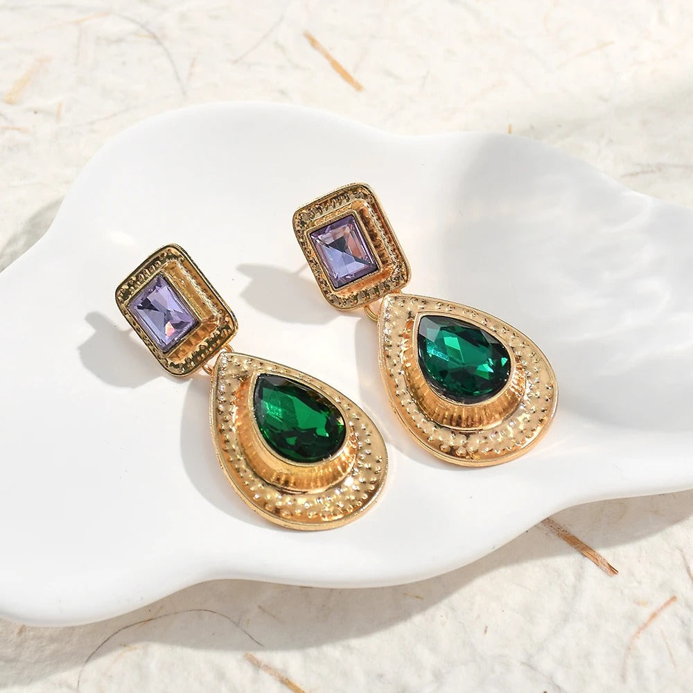Vintage Gold Green Teardrop Stone Earrings-Maryam Jewelry