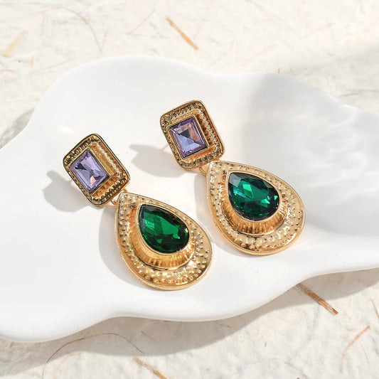 Vintage Gold Green Teardrop Stone Earrings-Maryam Jewelry