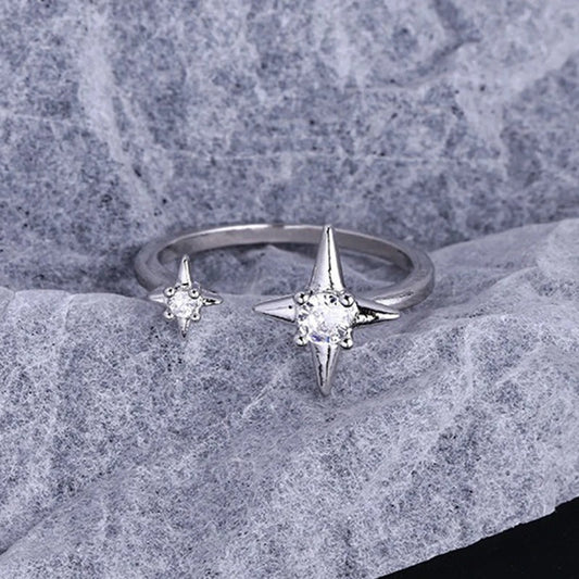 Classic Silver Dual Star & Clear Stone Adjustable Ring-Maryam Jewelry