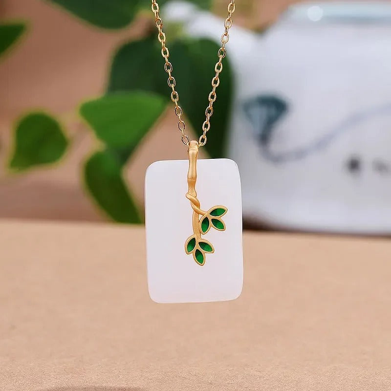 Classic White Stone Gold Leafy Branch Pendant Necklace-Maryam Jewelry