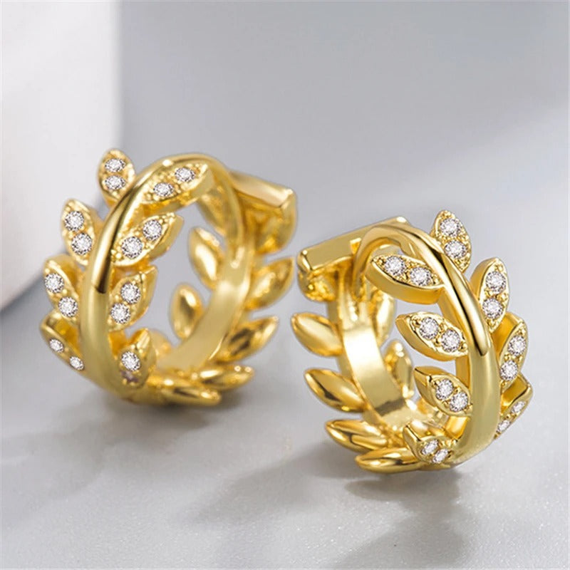 Gold Floral Leaf Design Crystal Hoop Earrings-Maryam Jewelry