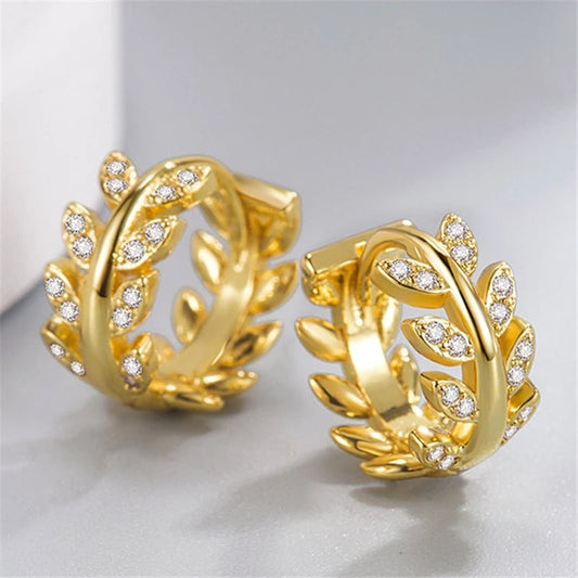 Gold Floral Leaf Design Crystal Hoop Earrings-Maryam Jewelry