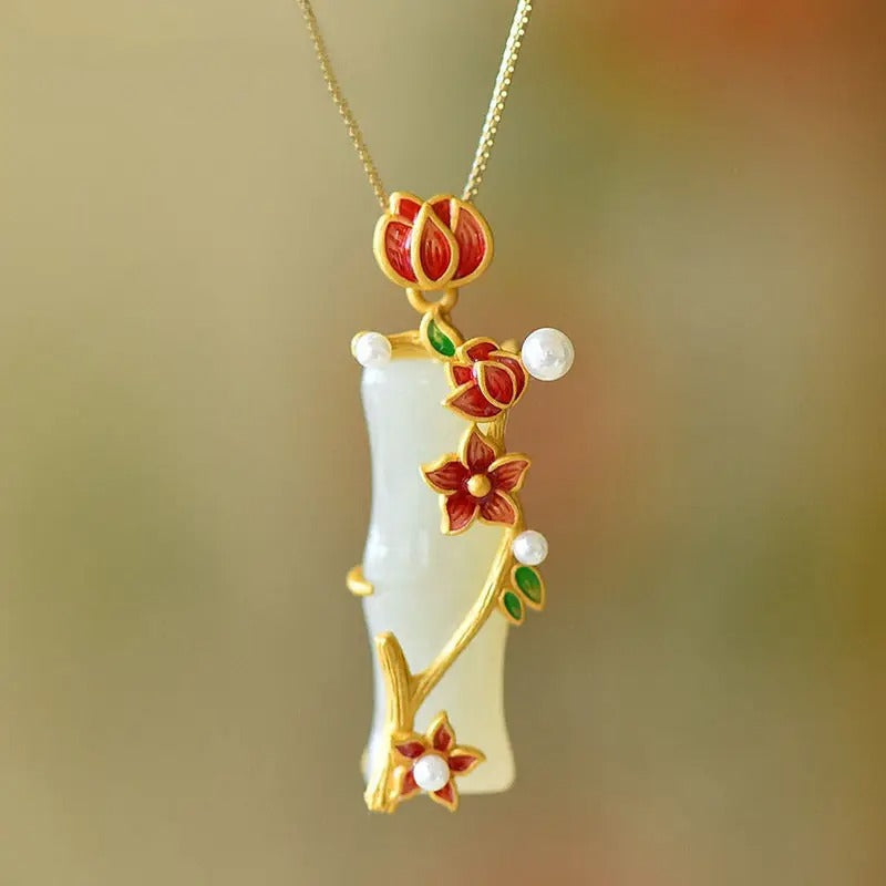 Classic Gold Red Blossom & Pearl Floral Pendant Necklace-Maryam Jewelry