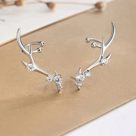 Silver Antler Crystal Earrings-Maryam Jewelry