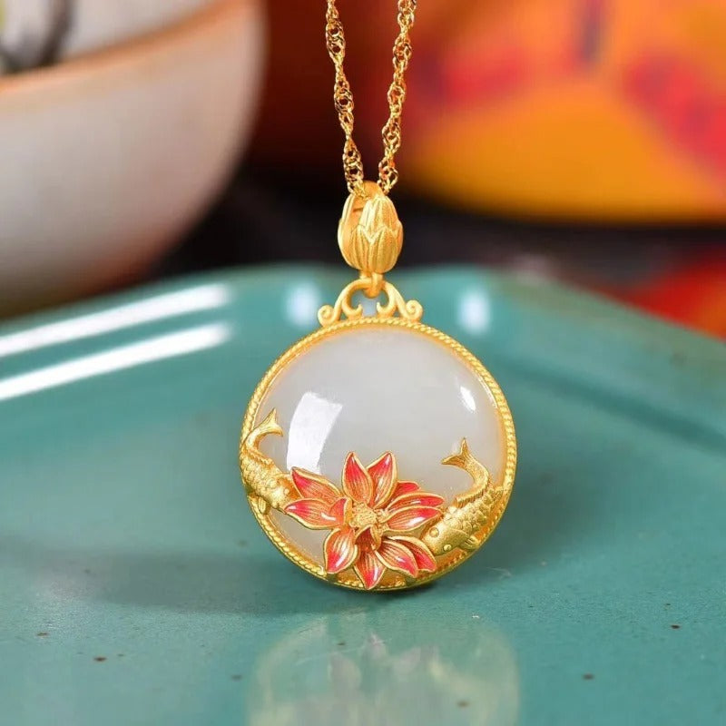 Vintage Gold Lotus & Fish White Gem Pendant Necklace-Maryam Jewelry