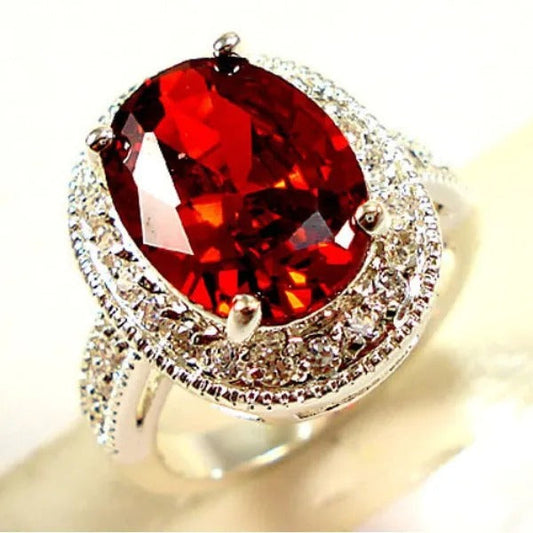 Silver Red Oval Gemstone Halo Ring-Maryam Jewelry