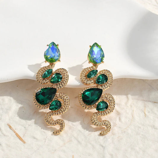 Gold Vintage Serpent Green Crystal Earrings-Maryam Jewelry