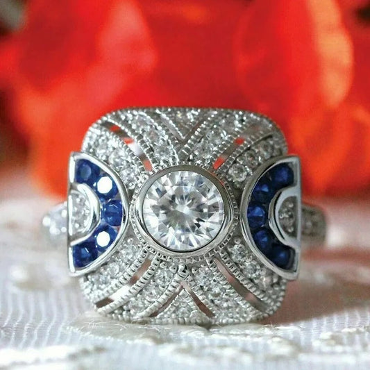 Vintage Blue & Crystal Silver Ring-Maryam Jewelry