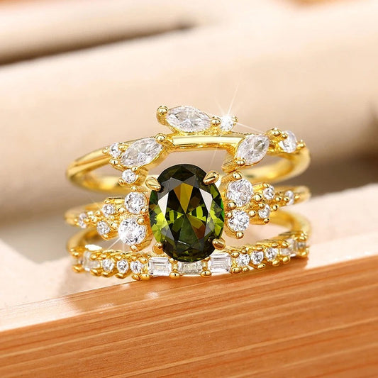Gold Three-Band Green Stone Ring-Maryam Jewelry