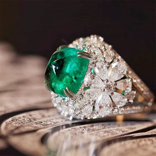 Vintage Green Stone & Diamond Floral Ring-Maryam Jewelry