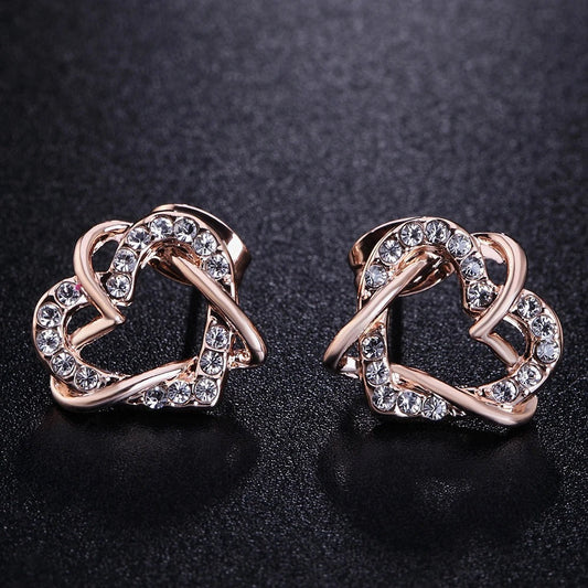 Rose Gold Intertwined Heart Crystal Earrings-Maryam Jewelry
