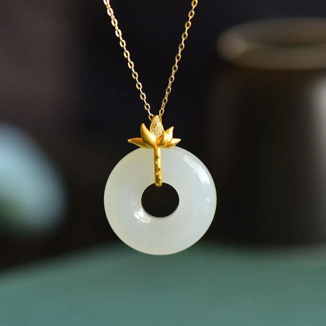 Vintage Gold Lotus & White Circle Pendant Necklace-Maryam Jewelry