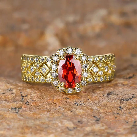 Vintage Gold Oval Red Gemstone Halo Ring-Maryam Jewelry