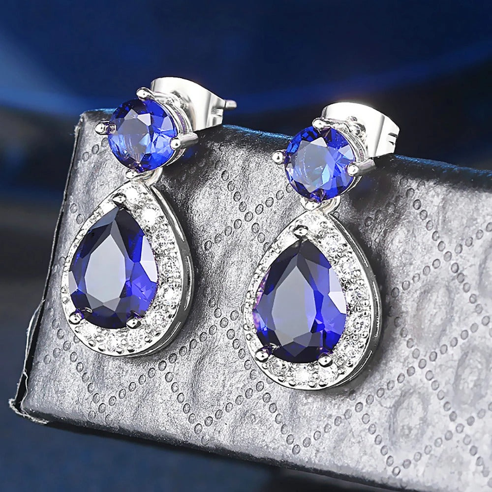 Vintage Blue Gemstone & Radiant White Stone Earrings-Maryam Jewelry