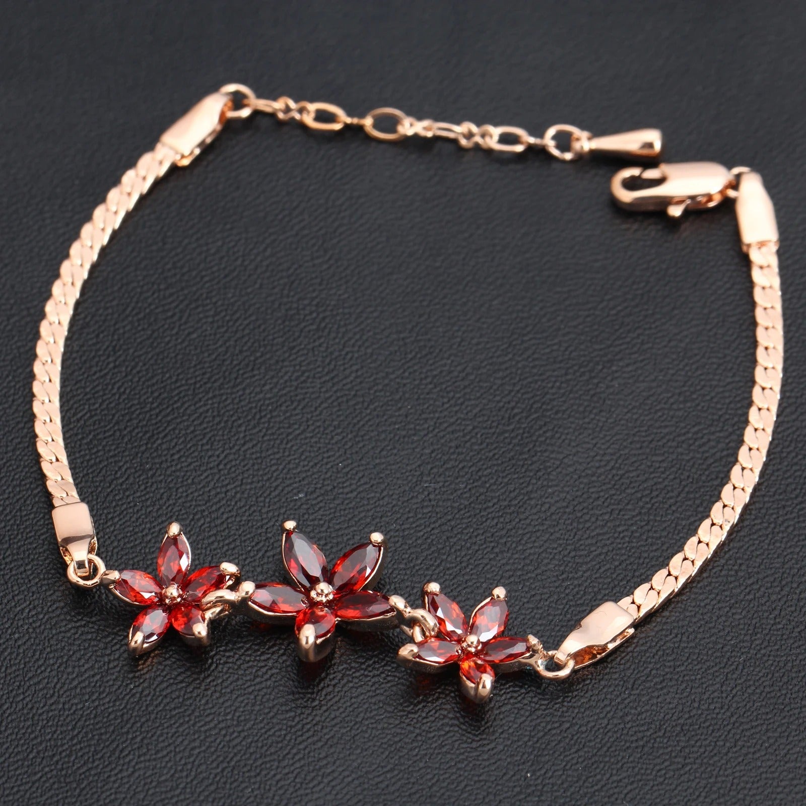 Retro Rose Gold & Three Red Crystal Flower Bracelet-Maryam Jewelry