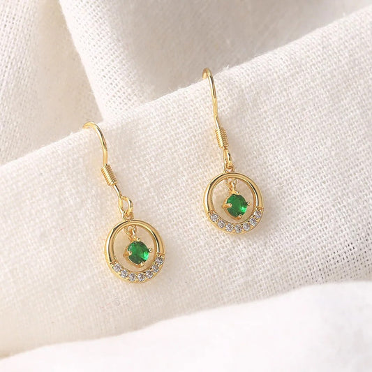Vintage Gold Green Stone & Sparkling Halo Drop Earrings-Maryam Jewelry