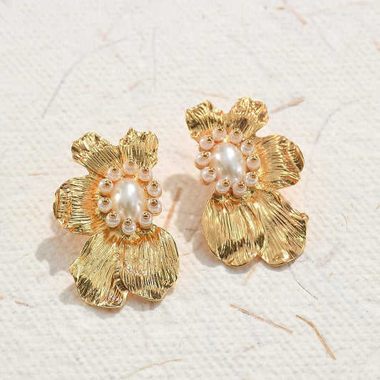 Gold Vintage Pearl Flower Stud Earrings-Maryam Jewelry