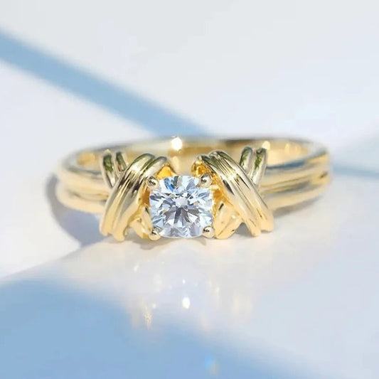 Gold X-Shaped Round Zirconia Ring-Maryam Jewelry