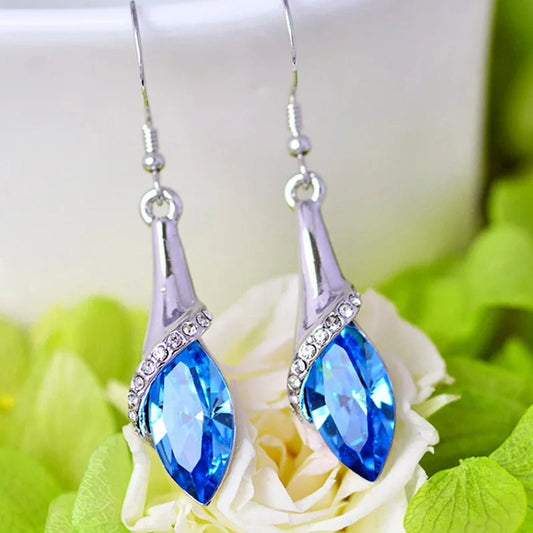 Silver Blue Crystal Dangle Earrings-Maryam Jewelry