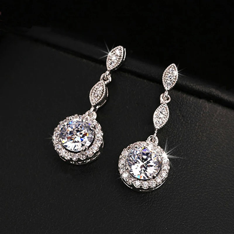 Vintage Silver Sparkling Round Crystal & Leaf Design Earrings-Maryam Jewelry