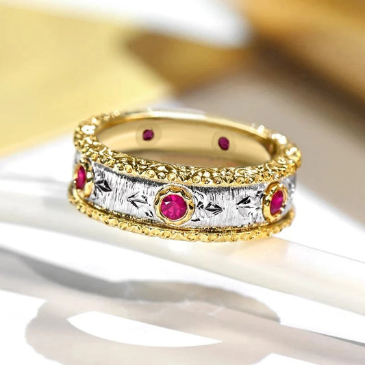 Vintage Red Gemstone Gold Silver Ring-Maryam Jewelry