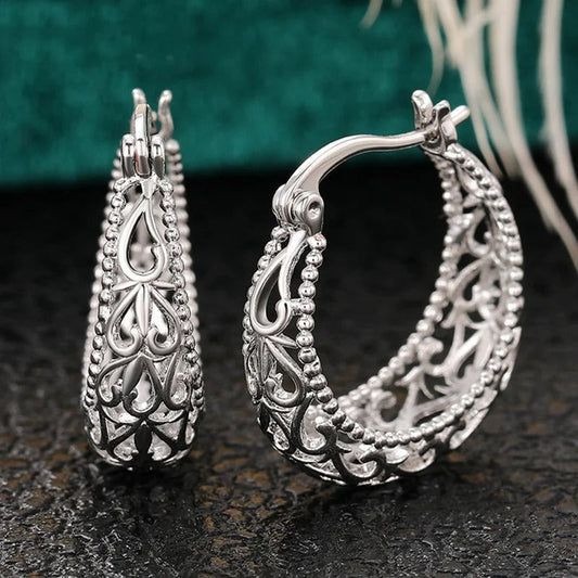 Vintage Silver Filigree Hoop Earrings-Maryam Jewelry
