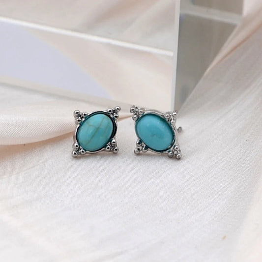 Vintage Silver Oval Turquoise Earrings-Maryam Jewelry