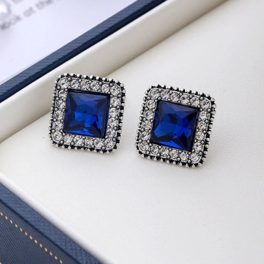 Silver Blue Crystal Square Earrings-Maryam Jewelry