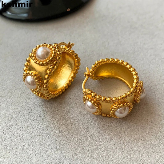 Gold Hoop Pearl Beaded Vintage Earrings-Maryam Jewelry