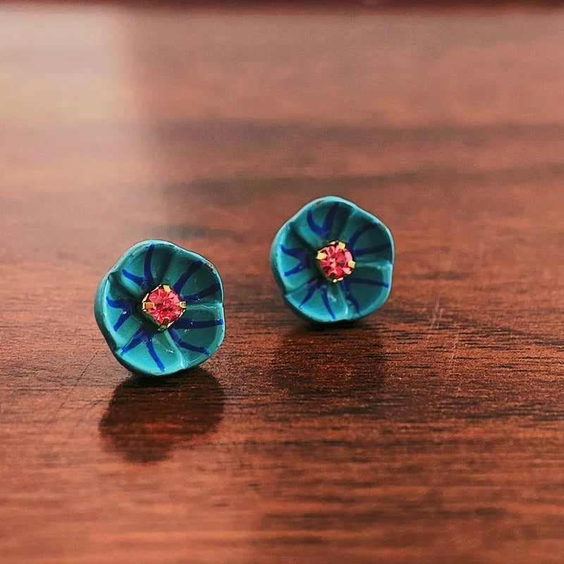 Vintage Blue Flower Stud Earrings-Maryam Jewelry