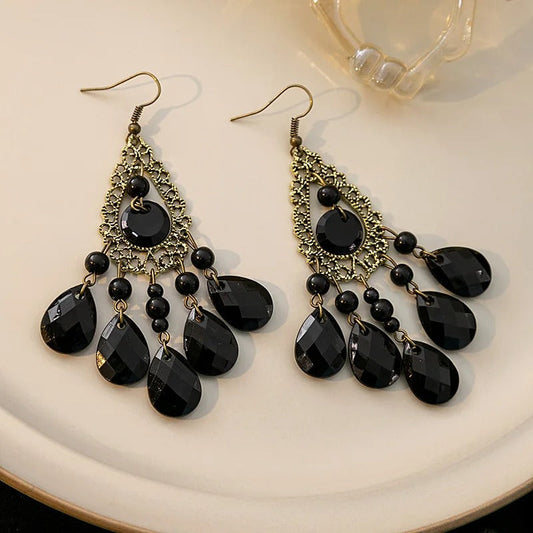 Peacock Feather Shape Black Tassel Dangle Earrings-Maryam Jewelry