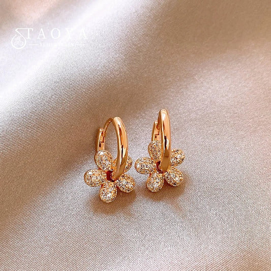 Vintage Gold & Crystal Flower Hoop Earrings-Maryam Jewelry