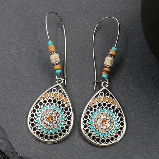 Silver Vintage Turquoise & Bead Dangle Earrings-Maryam Jewelry