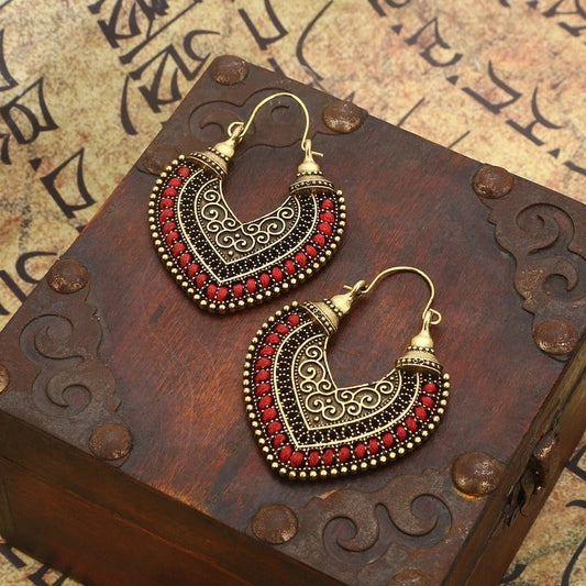 Vintage Gold & Red Tribal Hoop Earrings-Maryam Jewelry