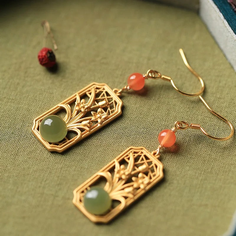 Vintage Gold Fresh Green Gem & Floral Design Earrings-Maryam Jewelry