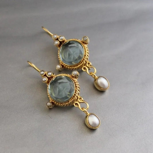 Vintage Blue Glass & Pearl Drop Earrings-Maryam Jewelry