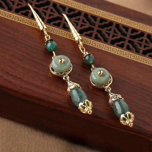 Classic Gold & Green Gemstone Drop Jasper Earrings-Maryam Jewelry