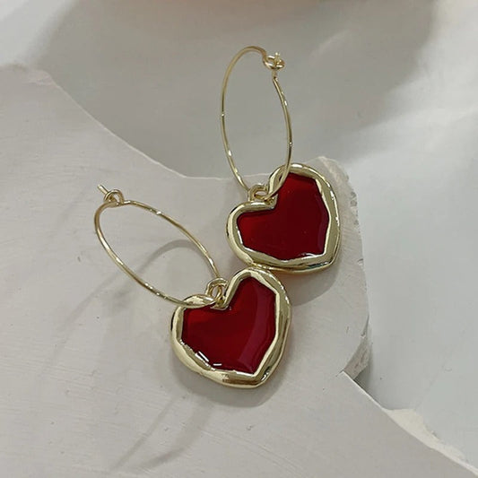 Gold Red Heart Circle Dangle Earrings-Maryam Jewelry