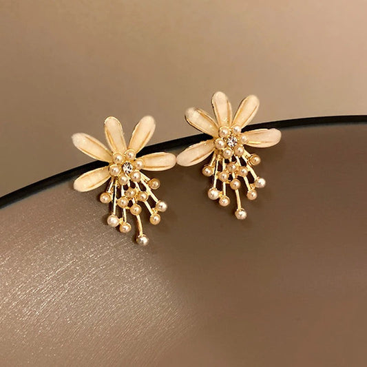 Gold Floral Pearl Beads Earrings-Maryam Jewelry