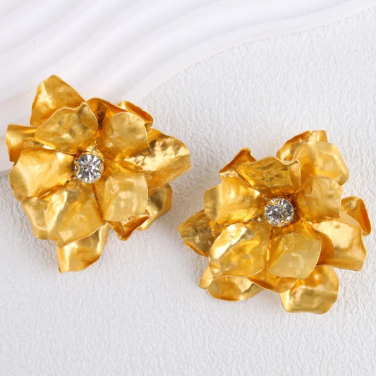 Gold Big Artistic Floral Crystal Earrings-Maryam Jewelry
