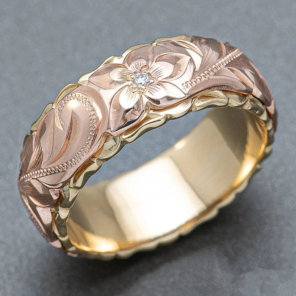 Vintage Rose Gold Flower Engraved Ring-Maryam Jewelry