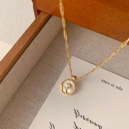 Vintage Gold Round Frame Rose Pendant Necklace-Maryam Jewelry