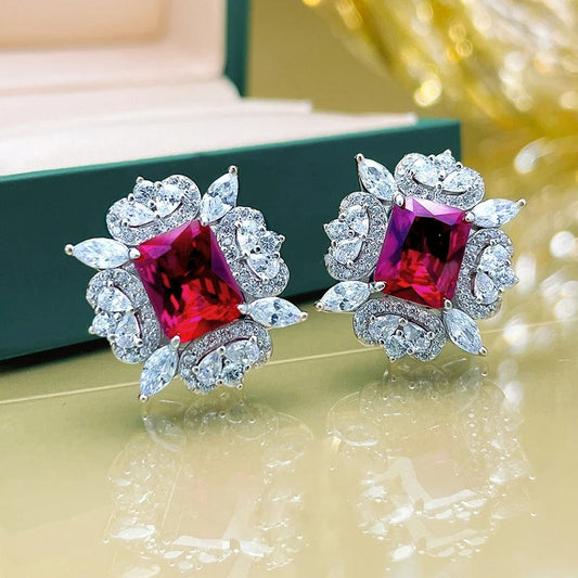 Silver Red Gem Floral Earrings-Maryam Jewelry