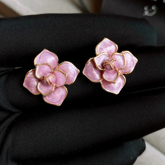 Gold Purple Enamel Flower Stud Earrings-Maryam Jewelry