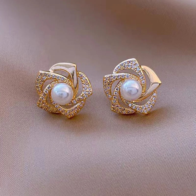 Spiral Pearl Petal Flower Stud Earrings-Maryam Jewelry
