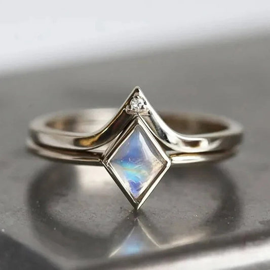 Vintage Silver Geometric Moonstone Ring-Maryam Jewelry