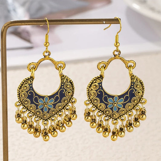 Vintage Blue & Gold Tassel Dangle Earrings-Maryam Jewelry