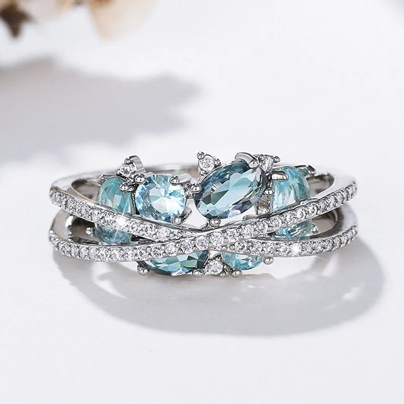 Silver Blue Gemstone Cross Ring-Maryam Jewelry