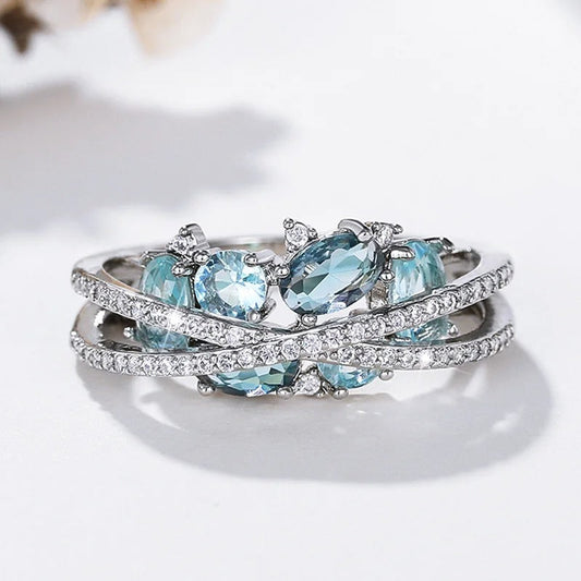 Silver Blue Gemstone Cross Ring-Maryam Jewelry